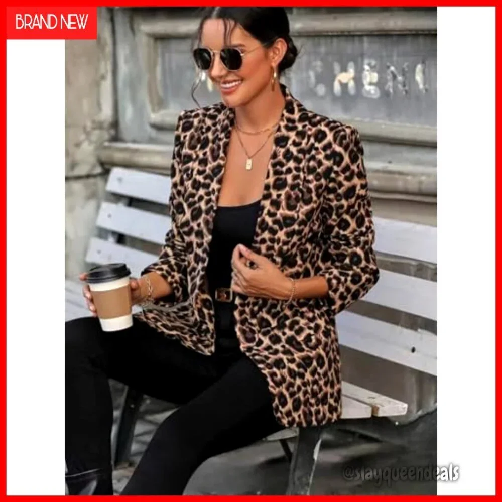 Faux Suede Leopard Blazer Open Front Slim Fit Long Sleeve Work Office